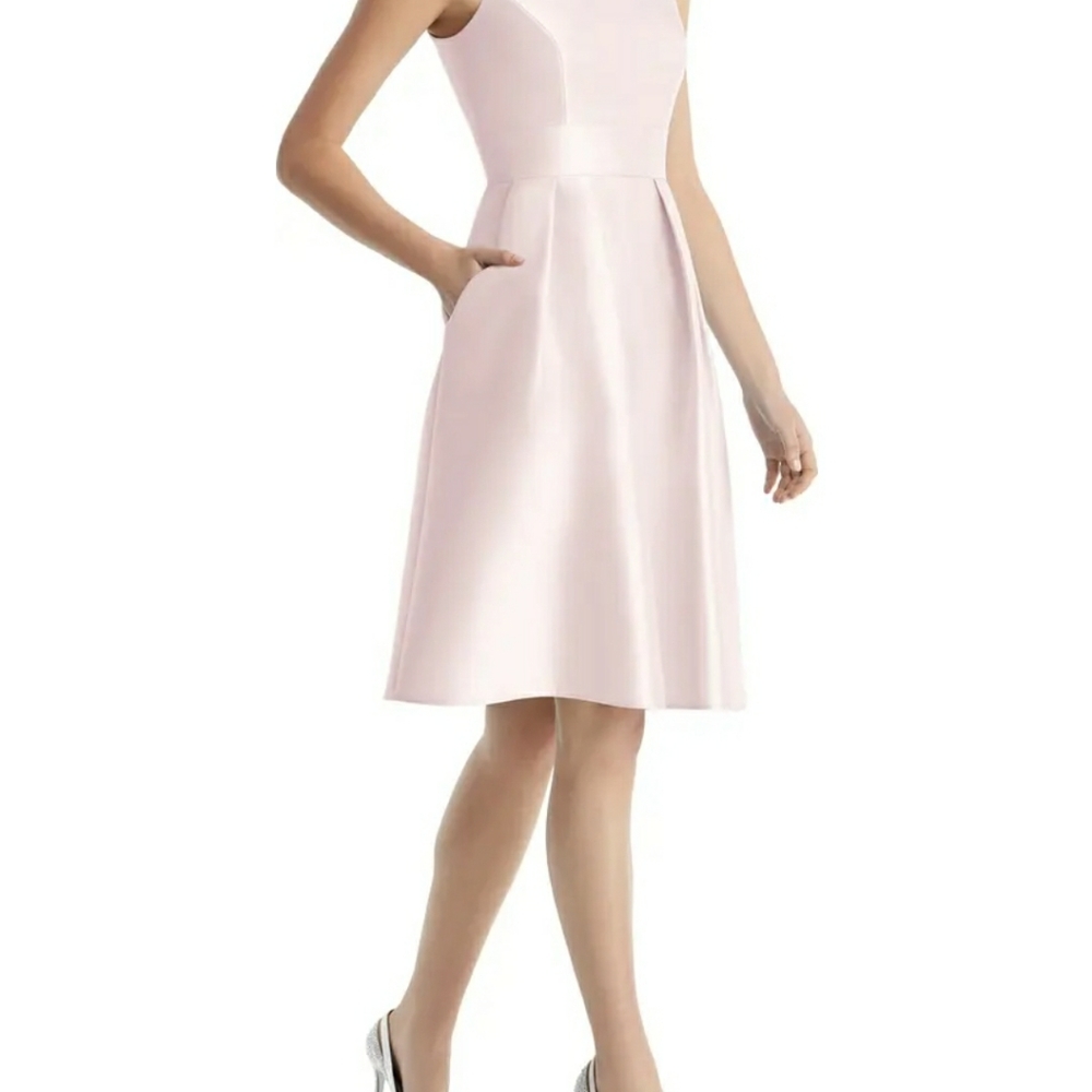 ALFRED SUNG  Jewel Neck Satin Cocktail Dress